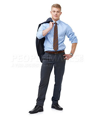Buy stock photo A young businessman with his jacket over his shoulder isolated on white