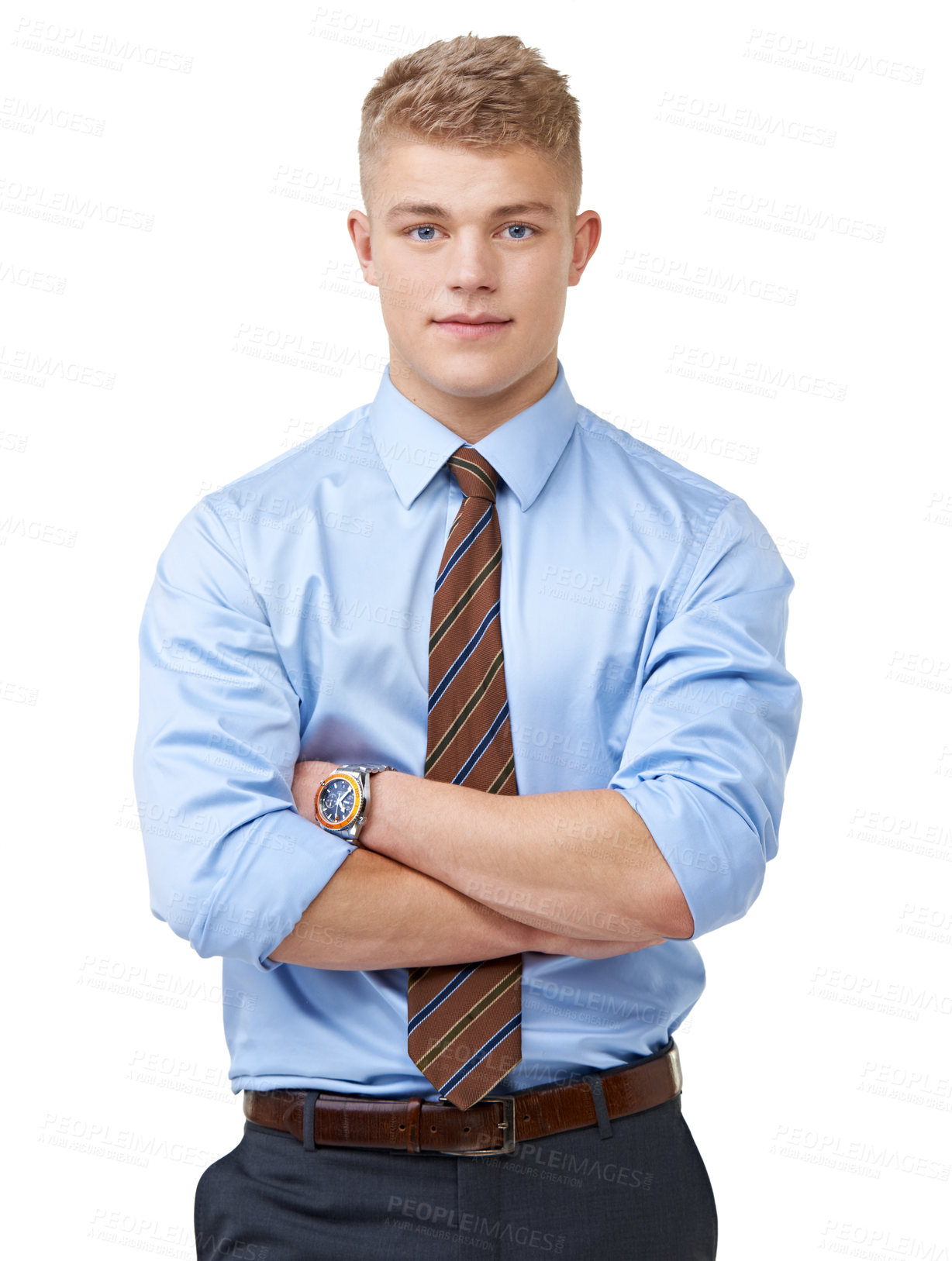 Buy stock photo Young, businessman and portrait with arms crossed or smile in studio for startup, career and confidence. Entrepreneur, person or happy and pride or positive mindset for internship on white background