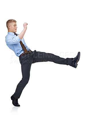 Buy stock photo Opportunity, step and business man in studio for future, leap and career growth. Professional, progress and excited with Corporate male employee walking on white background for forward and ambition 