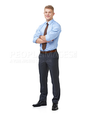 Buy stock photo Man, arms crossed and smile for portrait, employee and professional on white background. Confident, young and workplace for career, financial clerk and businessman for startup, job and corporate

