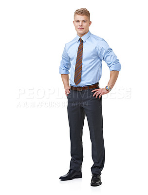 Buy stock photo Businessman, worker and smile for portrait, consultant and professional on white background. Confident, young and proud for career, financial clerk and man for startup, mockup space and corporate
