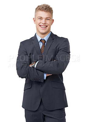 Buy stock photo An ambitious young businessman crossing his arms on a white background