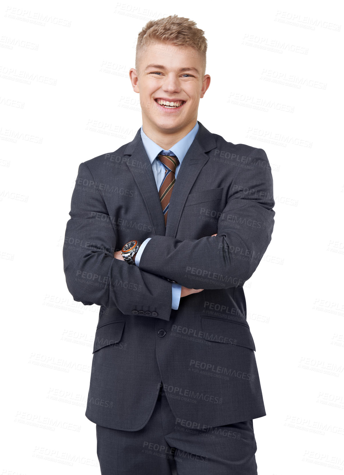 Buy stock photo An ambitious young businessman crossing his arms on a white background