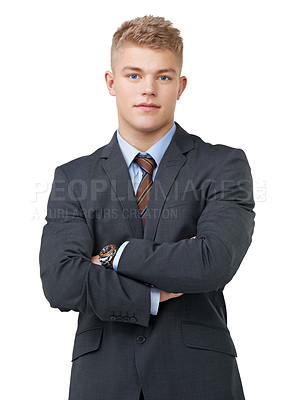 Buy stock photo Young, businessman and portrait with arms crossed or serious in studio for startup, career and confidence. Entrepreneur, person and pride or positive mindset for internship work on white background