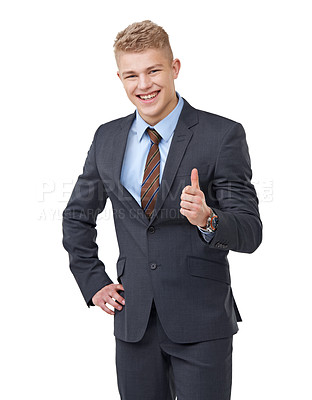 Buy stock photo Thumbs up, portrait and business man in studio for success, winning deal and voting yes on white background. Happy corporate salesman, emoji sign and thank you for feedback, achievement or excellence
