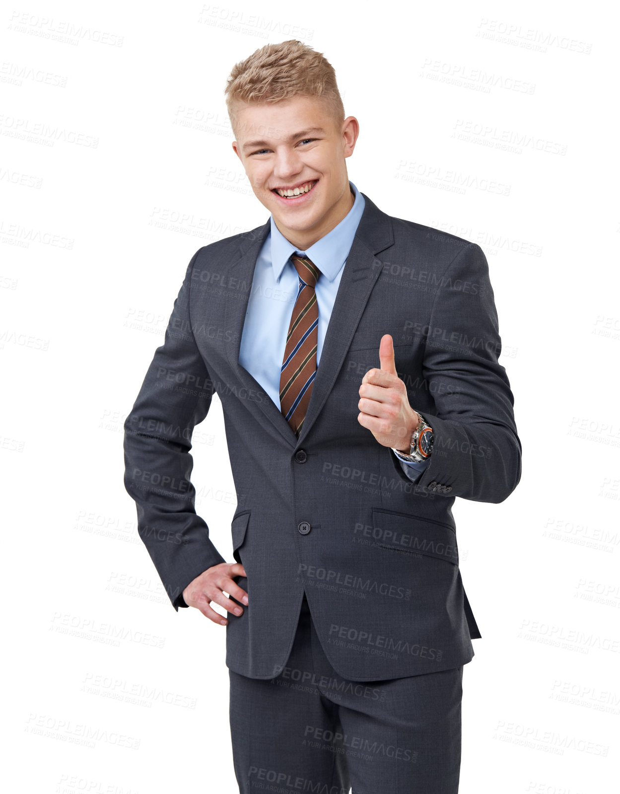 Buy stock photo Thumbs up, portrait and business man in studio for success, winning deal and voting yes on white background. Happy corporate salesman, emoji sign and thank you for feedback, achievement or excellence