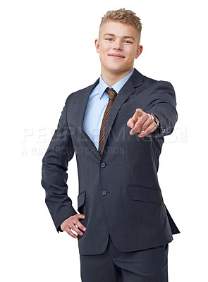 Buy stock photo Portrait, business man and pointing to you in studio for choice, onboarding decision or vote on white background. Recruitment, hiring emoji and smile for HR offer, promotion and invitation to join us