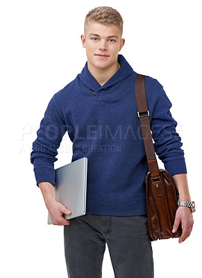 Buy stock photo Laptop, briefcase and portrait of student in a studio with elegant, stylish and fancy outfit. Computer, confidence and happy young male model with cool fashion isolated by white background.