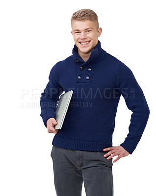 Buy stock photo Portrait of a handsome young man standing with his hand on his hip and his notebook under his arm