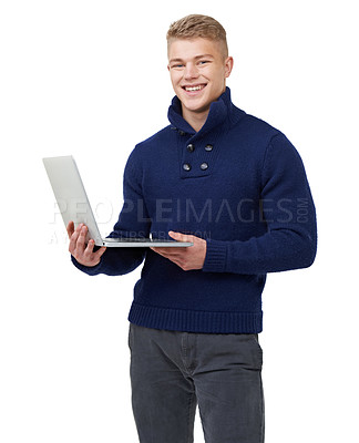Buy stock photo Happy, laptop and portrait of man in a studio with elegant, stylish and fancy outfit with confidence. Smile, computer and young male model with cool fashion or style isolated by white background.