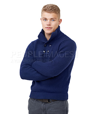 Buy stock photo Fashion, crossed arms and portrait of man in a studio with elegant, stylish and fancy outfit. Pride, confidence and young male model with cool and modern style isolated by white background.