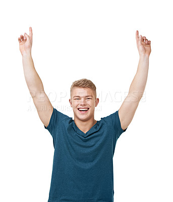 Buy stock photo Happy, portrait and man with hand pointing up to studio for announcement, deal or giveaway on white background. Face, smile and male model show presentation, space or promotion, information or offer