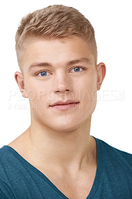 Buy stock photo Closeup portrait of a young man isolated on a white background
