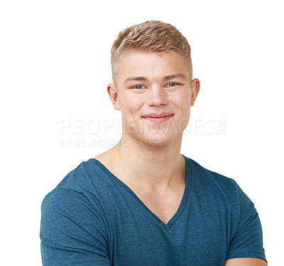Buy stock photo Man, fashion and smiling with cool clothes, happiness and isolated on white studio background. Portrait, confident and adolescent with face, youth and teenager with stylish boy and casual wear
