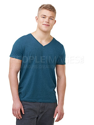 Buy stock photo Man, fashion and trendy outfit with denim jeans, happy and isolated on white studio background. Portrait, confident and adolescent for cool clothes, youth and smile with face, boy and casual