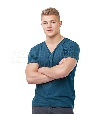 Buy stock photo Arms crossed, fashion and portrait of man in studio with confidence, pose or positive attitude on white background. Face, smile and male model with cool, clothes or streetwear, style or good mood