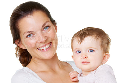 Buy stock photo Portrait, baby and mother with smile, care and love with happiness isolated on white studio background. Face, mama and infant with joy, bonding together and cheerful with family, maternal and toddler