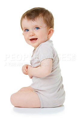 Buy stock photo Joy, youth and happy with baby on floor of studio for cute, child development and learning. Explore, smile and young with infant crawling in white background for toddler, innocence and health