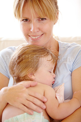 Buy stock photo Woman, baby and sleep on chest or portrait relax for childhood development, peace or mother love. Female person, kid and nap for secure safety or bonding parenting for young care, comfort or tired