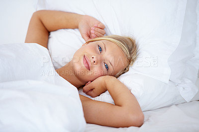 Buy stock photo Woman, portrait or waking up in home bedroom for relax, sleeping and weekend rest. Smile, face or happy person lying or stretching in house, hotel or apartment bed for comfort break in morning rotine