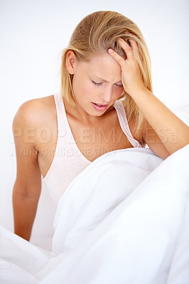 Buy stock photo Person, hangover or headache in home bedroom for morning depression, anxiety or burnout. Stress, frustrated or tired woman in house with mental health, migraine or pain from trauma, crisis or mistake