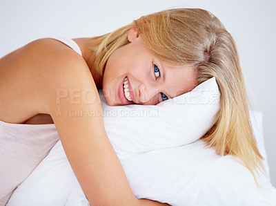 Buy stock photo Happy woman, portrait or hugging bedroom pillow in house for relax, break or weekend rest. Smile, morning or person in pajamas embracing hospitality bedding in hotel, home and comfortable apartment