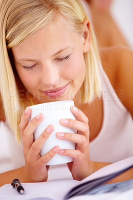 Buy stock photo Home, relax and smelling with woman, coffee and notebook with weekend break, natural aroma and fresh. Morning, apartment and human with tea, feeling calm and relax with peace gratitude and happiness