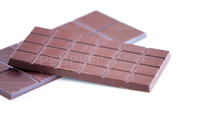 Buy stock photo Chocolate bar, studio candy and sugar sweets for delicious temptation, wellness or tasty dessert treat, cacao slab or snack. Unhealthy junk food, product quality and premium cocoa on white background
