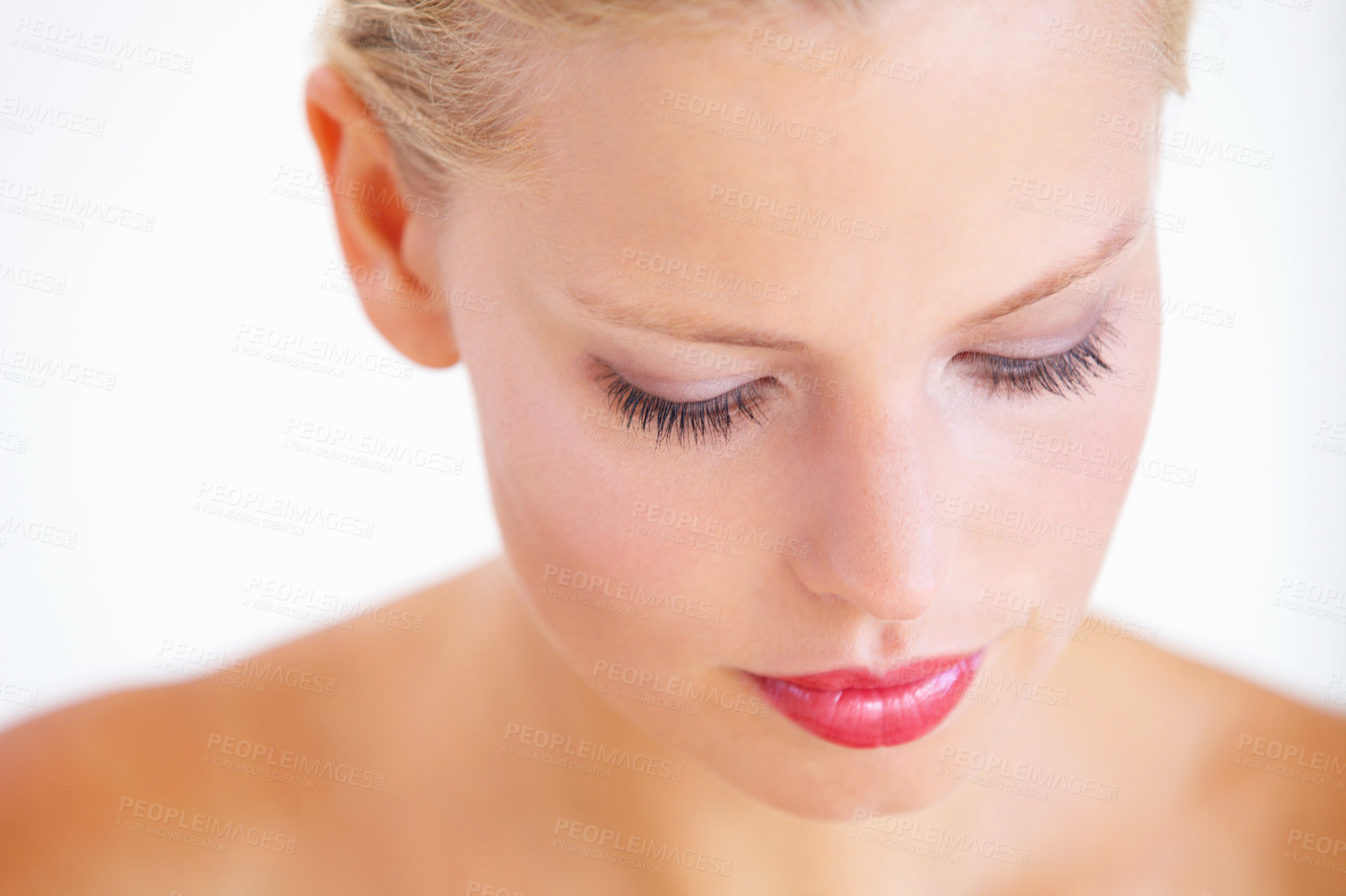 Buy stock photo Beauty, studio face and relax woman with facial makeup, skin treatment glow or cosmetics self care routine. Mascara, spa skincare and person with aesthetic anti aging dermatology on white background 