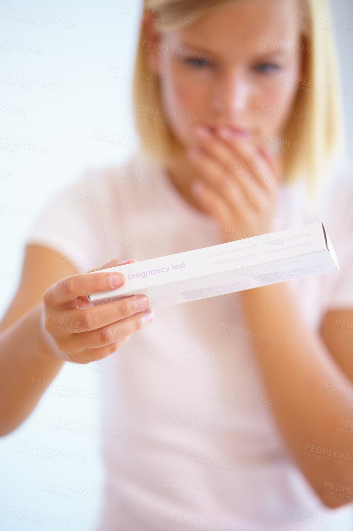 Buy stock photo Anxiety, shock and woman with pregnancy test in bathroom waiting for results, news and surprise. Motherhood, pregnant and worried person with medical testing kit for fertility or ovulation at home