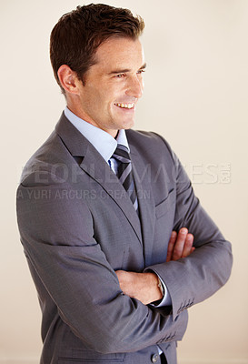 Buy stock photo Business man, arms crossed and happy in studio for thinking, vision and ideas with suit by white background. Entrepreneur, financial advisor or accountant with corporate clothes, smile and fashion