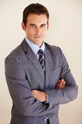 Buy stock photo Business man, arms crossed and studio portrait with pride, suit and confident by white background. Entrepreneur, financial advisor or accountant with corporate clothes, career and fashion for job