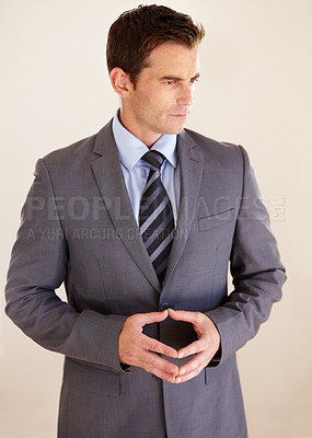 Buy stock photo Business man, thinking and ideas in studio in suit, corporate clothes or problem solving by white background. Entrepreneur, vision and fashion with strategy, solution and process with brainstorming