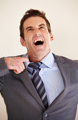 Buy stock photo Business man, angry and pull collar for shout, stress or mental health in crisis, worry or thinking. Entrepreneur, depression and anxiety for financial crash, compliance or mistake with fail at job.