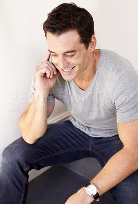 Buy stock photo Man, smile and phone call in home for communication, social network and mobile contact on stairs of floor. Happy guy, relax and talking on smartphone for chat, conversation and hello for connection 