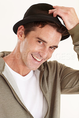 Buy stock photo Fashion, happy and portrait of man in studio with hat for trendy clothes, accessory and style. Smile, closeup and face of isolated person with confidence, pride and happiness on white background