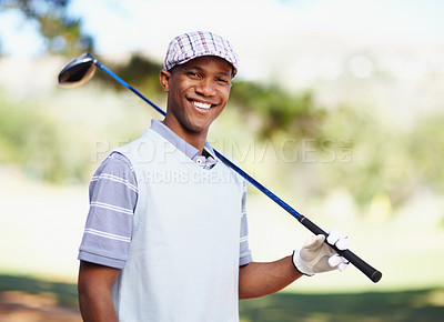 Buy stock photo Sports, smile and portrait of black man on golf course for training, competition and game. Happiness, fitness and relax with male golfer and club in outdoors for golfing, summer and workout practice