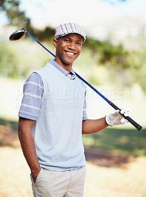 Buy stock photo Portrait of a confident african american golf player holding a driver