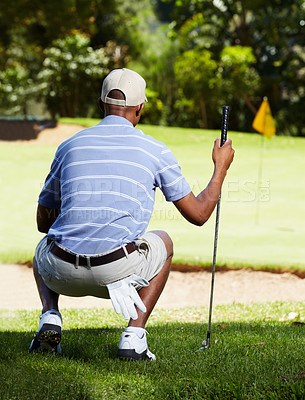 Buy stock photo Back, man and golf with sports, activity and training with a club on a field or course for recreation or summer break. Golfing, grass or hobby with a golfer playing, game or practice with competition