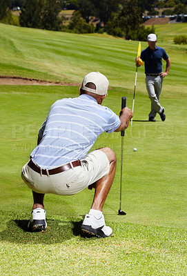 Buy stock photo Sports, golf and people on course for game, practice and training for playing competition. Professional golfers, friends and hobby by tee hole, ball and golfing club for winning stroke or score