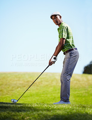 Buy stock photo Sports, golf and black man aim for stroke in game, match and competition on golfing course. Recreation, hobby and focused male athlete with club driver on grass for training, fitness and practice