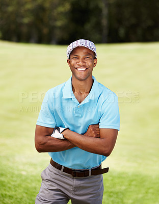 Buy stock photo Happy, sports and portrait of man golfer with positive, good and confident attitude on field. Smile, fitness and African male athlete or player on an outdoor course for tournament or competition