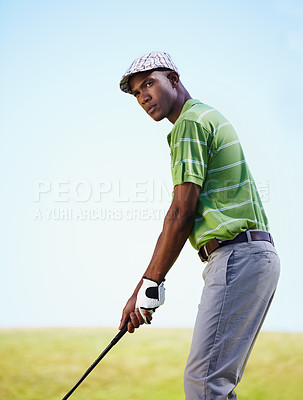 Buy stock photo Sports, golf and black man focus for stroke in game, match and competition on golfing course. Recreation, hobby and male athlete ready with club driver on grass for training, fitness and practice