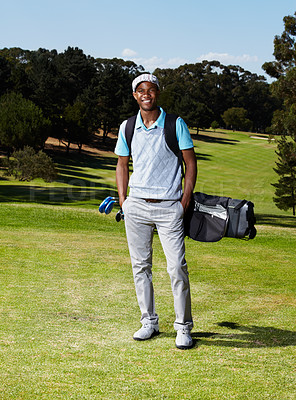 Buy stock photo Smile, sports and portrait of male golfer with positive, good and confident attitude on field. Happy, fitness and African man athlete with equipment on an outdoor course for tournament or competition