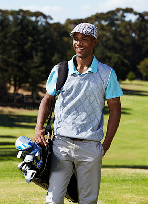 Buy stock photo Black man, golf course and happiness in summer for fun game or practice outdoors. Smiling, metal equipment and clubs for professional training with an african male person on grass for sports 