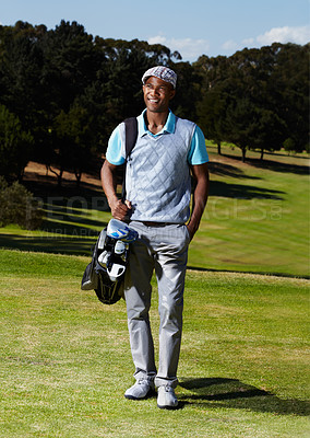 Buy stock photo Smile, fitness and portrait of man golfer with positive, good and confident attitude on field. Happy, sports and African male athlete with equipment on an outdoor course for tournament or competition