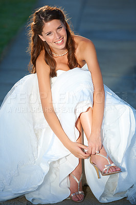 Buy stock photo Woman, wedding and feet with portrait, shoes and high heels outdoor with smile and dress for celebration. Person, designer footwear and elegance in nature for ceremony, event or happiness and joy