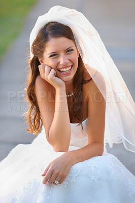 Buy stock photo Bride, wedding and woman portrait with happy laugh for romance, commitment and love event outdoor. Confidence, female person and marriage joy with celebration, bridal dress and smile with ceremony