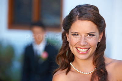 Buy stock photo Woman, wedding and happy bride portrait with smile for marriage, commitment and love event outdoor. Confidence, female person and marriage joy with celebration, bridal dress and garden with ceremony