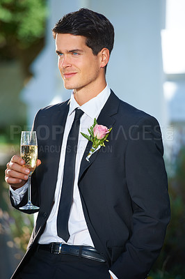 Buy stock photo Smile, wedding and young groom with champagne in suit with a flower for a classy, elegant and luxury event. Happy, handsome and man from Canada with wine at marriage ceremony or party for commitment.